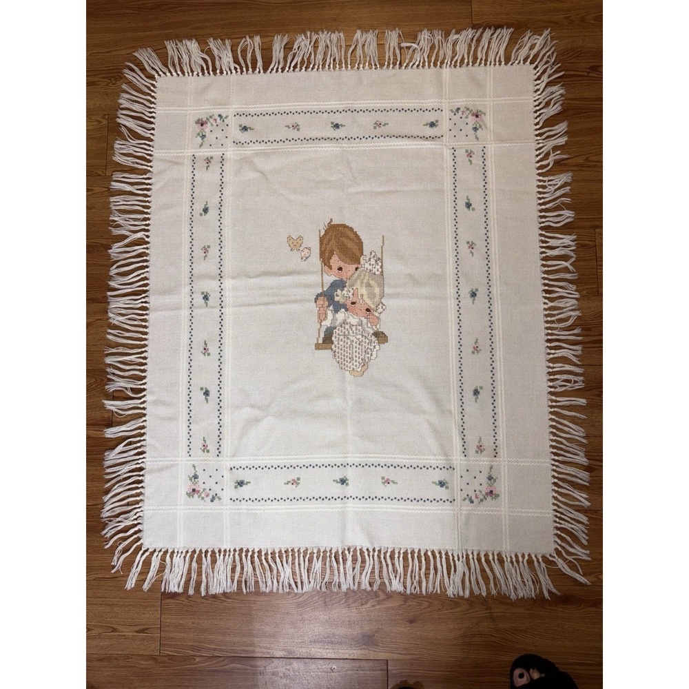 Vintage Precious Moments‎ Large 45 X 36" Baby Blanket All Hand Stitched On Wool